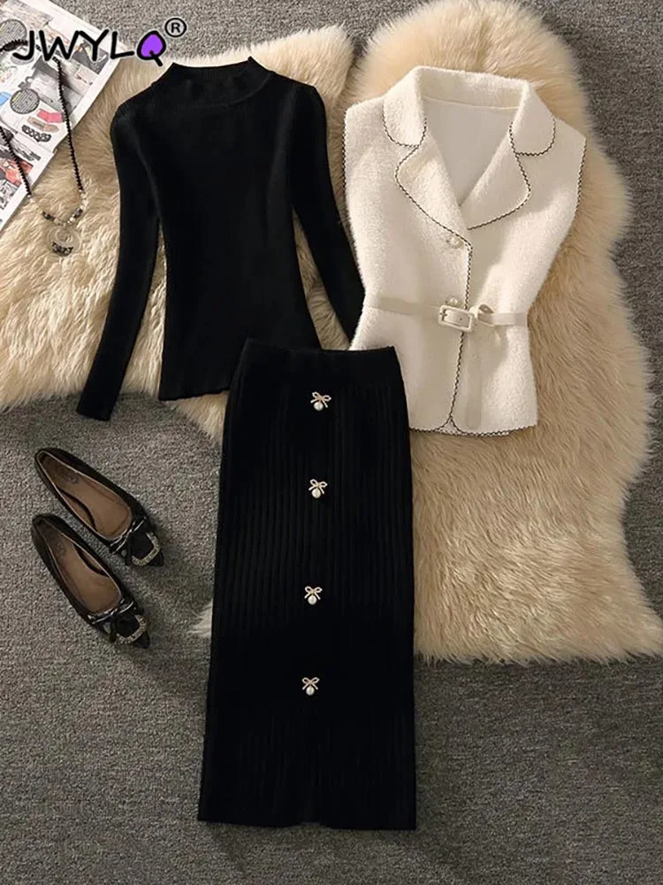 Two Piece Dress Elegant half high necked sweatersleeveless vesthigh waisted ski knit 3piece womens office wear 231129