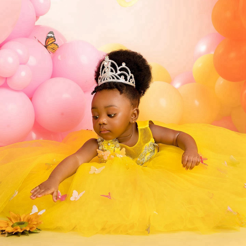 R&W Light Yellow wer Girl Dresses Little Kids Ball Gown Jewel Appliqued Crystals Tulle Tiered First Birthday Party Dress African Gowns F009