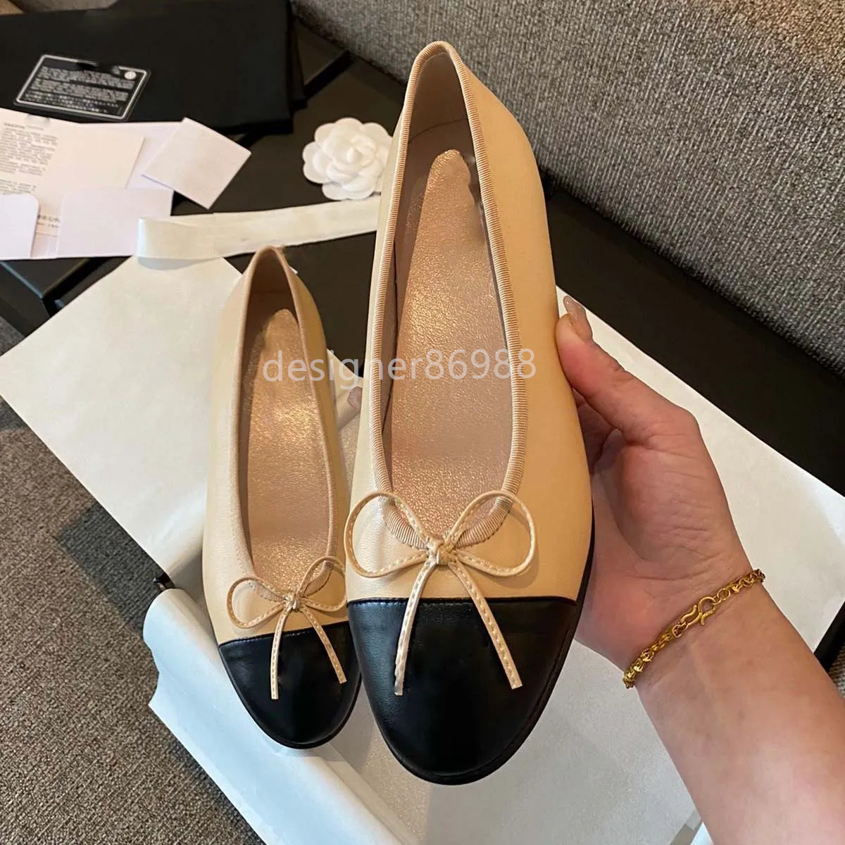 Designer shoes Paris Brand designer Black Ballet Flats Shoes Women Spring Quilted Genuine Leather Slip on Ballerina Luxury Round Toe Ladies Dress