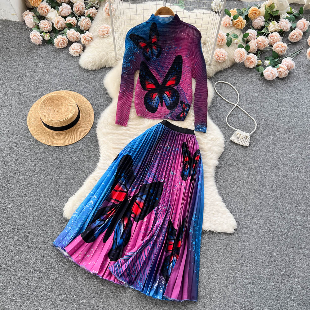 Two Piece Dress Autumn Butterfly Print Stretch Two Pieces Set Women Turtleneck Long Sleeve Pullover Top + Elastic Waist Pleated Midi Skirt Suit 2024