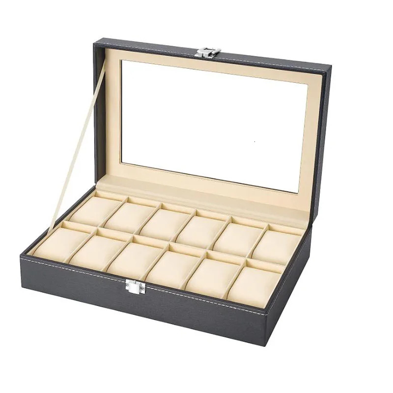 Watch Boxes Cases 12 Slot PU Leather Watch Box Display Case Jewelry Organizer with Glass Top 231128