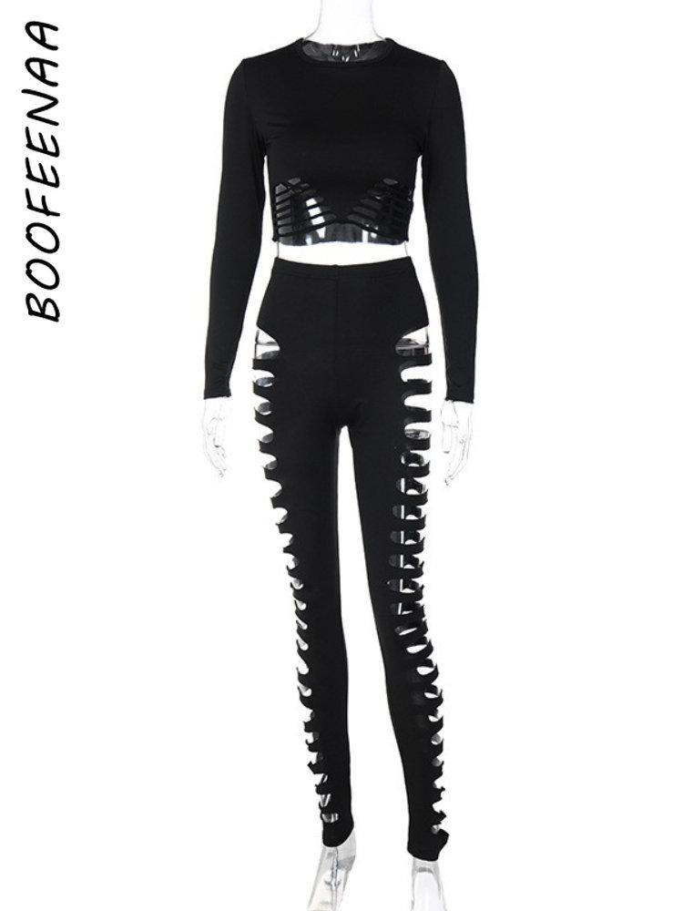 Pants BOOFEENAA Sexy Black Nightclub Winter Two Piece Outfits for Women Cut Out Long Sleeve Crop Top and Pants Matching Sets C70DZ27