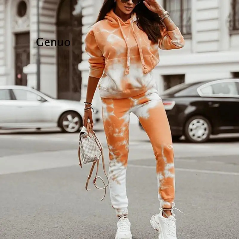 Womens Two Piece Pants 2piece marble tie dye sportswear and hooded sweatpants zippered jogger casual set 231129