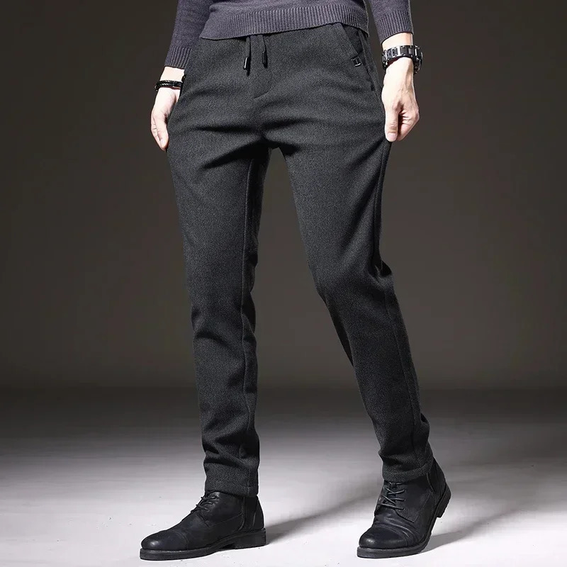 Men's Pants Autumn Winter Brushed Fabric Casual Pants Men Thick Business Work Slim Cotton Black Grey Trousers Male Size 38 231129