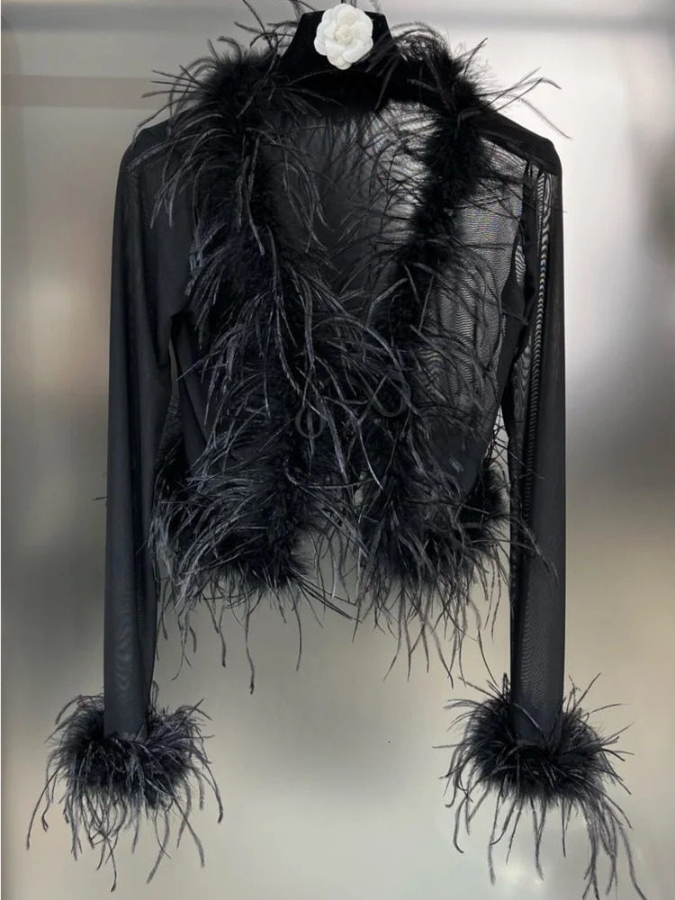 Women s Jackets DEAT 2023 Autumn Fashion Women Clothes Flare Sleeves Feather Spliced Mesh See Throw Sexy Top Cardigan Ffemale WW97001L 231129