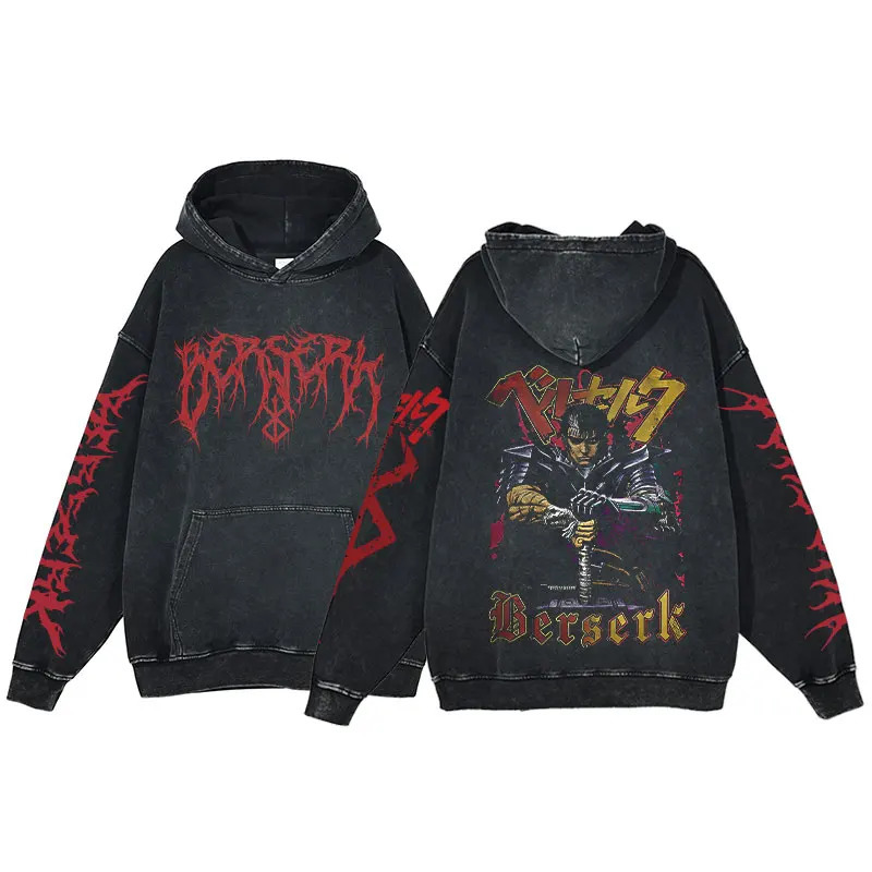 Men's Hoodies Sweatshirts Anime Berserk Hoodie Men's Clothing Black Vintage Print 100% Cotton Acid Wash Hoodies Hip Hop Hooded Sweatshirts Y