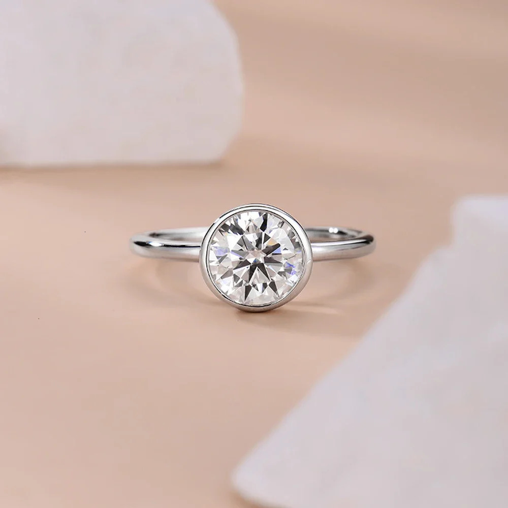 Wedding Rings 1CT 2CT Round Bubble Bezel Set Ring for Women 925 Sterling Silver Plated 18K Gold with GRA Engagement 231129