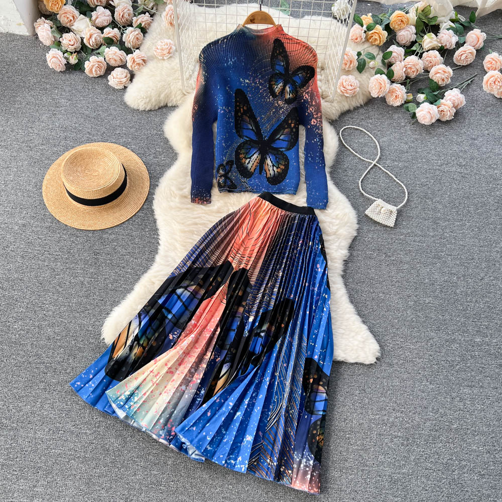 Two Piece Dress Autumn Butterfly Print Stretch Two Pieces Set Women Turtleneck Long Sleeve Pullover Top + Elastic Waist Pleated Midi Skirt Suit 2024