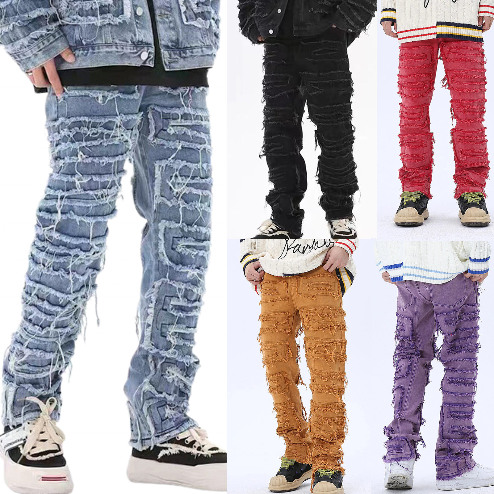 Men's Distressed Straight Denim Jeans Ripped, Loose Fit, Casual Hip Hop Style - Trend B1