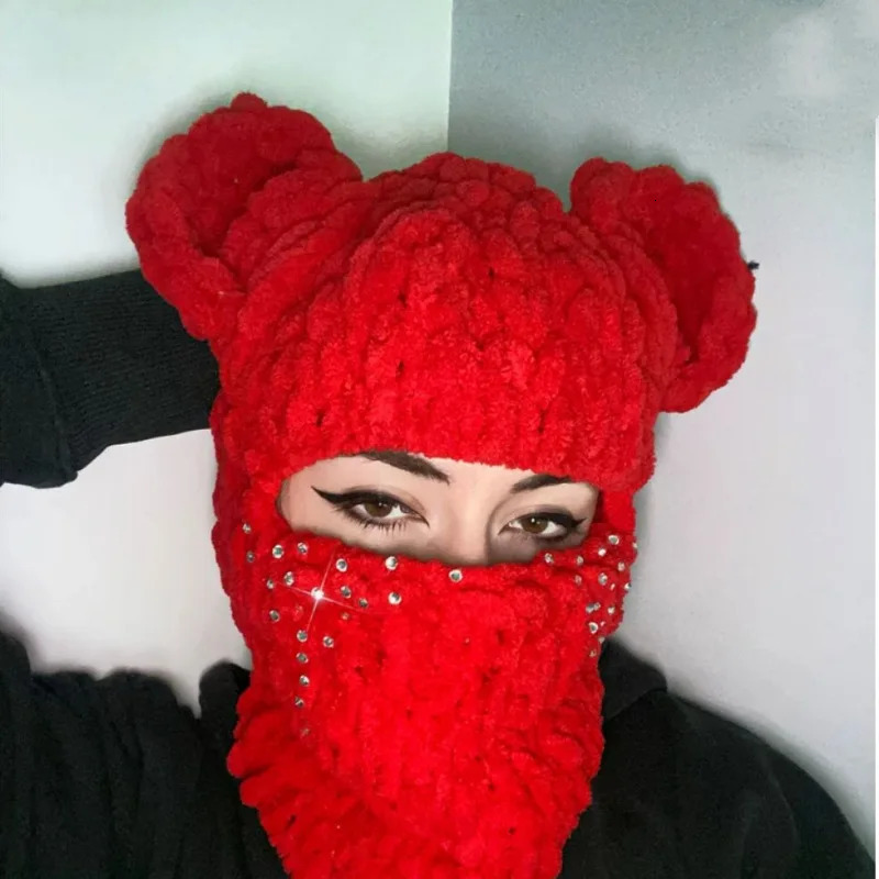 Beanie Skull Caps Winter Lovely Bear Ears Warm Balaclava Cap Hats With Necklace Chain Womans Unisex Knitted Party Funny Mask Handmade Bonnet Hijab 231