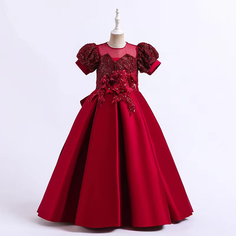 Flower Girl Dresses For Weddings Ball Gown Girls Pageant Dresses cap sleeve Princess baby party Dress Sequined Satin Appliqued First Communion Gowns 2