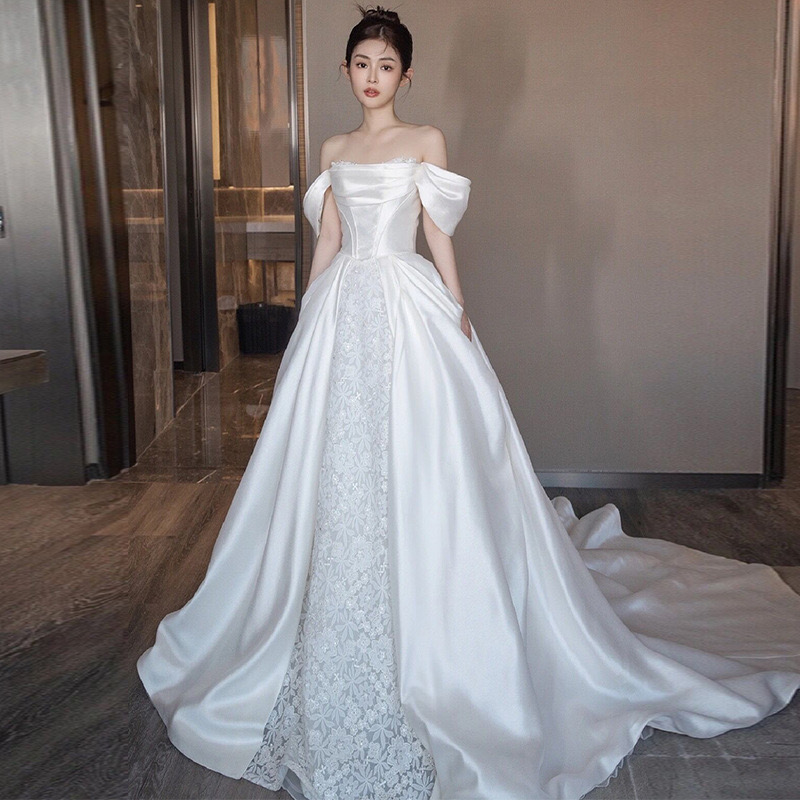 satin lace Crystal country wedding dresses 2023 african long train sexy off shoulder Arabic Satin church garden bridal reception gowns plus size boho 