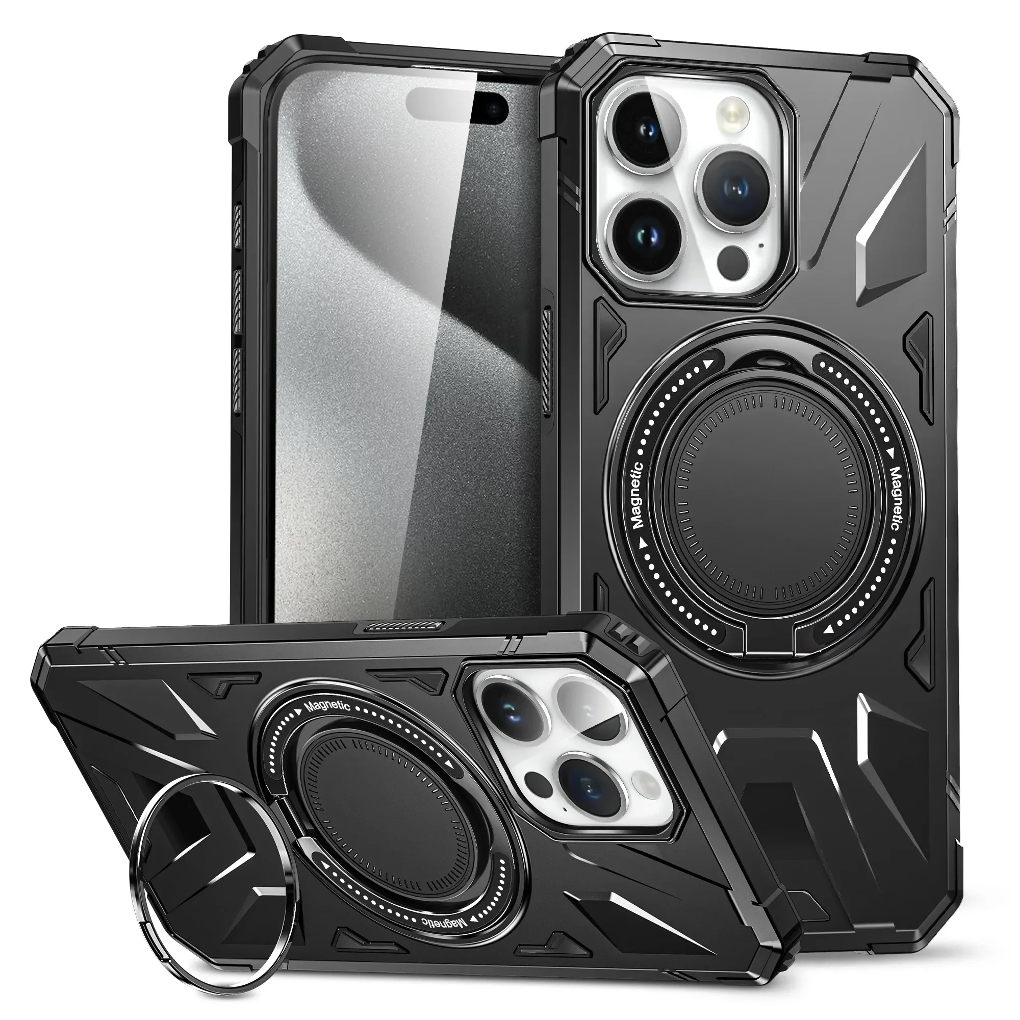 Magnetic Phone Case For IPhone 16 15 14 Plus 13 12 11 Pro Max For Magsafe Wireless Charging PC + TPU Hybrid Rugged Shockproof Shell Cover with Rotate 