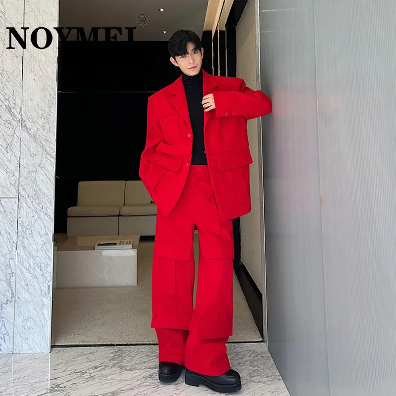 Men's Suits Blazers NOYMEI Korean Style Men's Two Pieces Cargo Suit Set Large Pocket Removable Heavy Fabric Wide Leg Pants Detachable Blazer