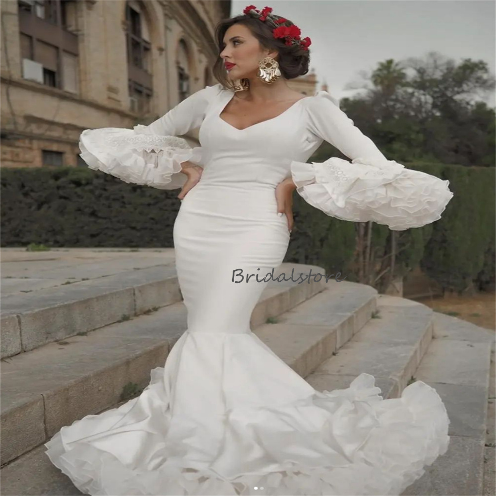 Luxury Flamenco Wedding Dress 2023 Flare Ruffles Mermaid Long Sleeve Boho Wedding Dresses V Neck Backless Formal Bridal Spanish Vintage Vestido De Nov