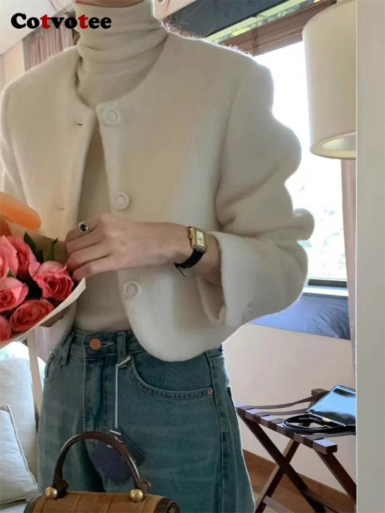 Women's Wool Blends Cotvotee Short Wool Coat for Women Autumn Winter 2023 Fashion Button Up O Neck Jackets Chic Long Sleeve Solid Casual Coats 23