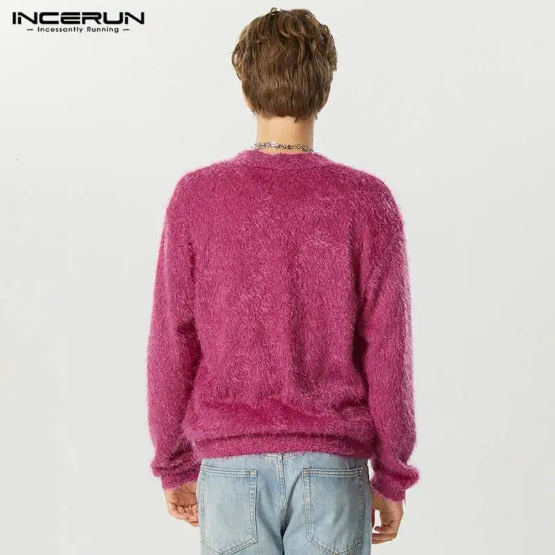 Men's Sweaters Fashion Well Fitting Tops INCERUN Plush Fabric Deep Vneck Pullovers Party Show Solid Long Sleeved Sweater S5XL 2023 231128