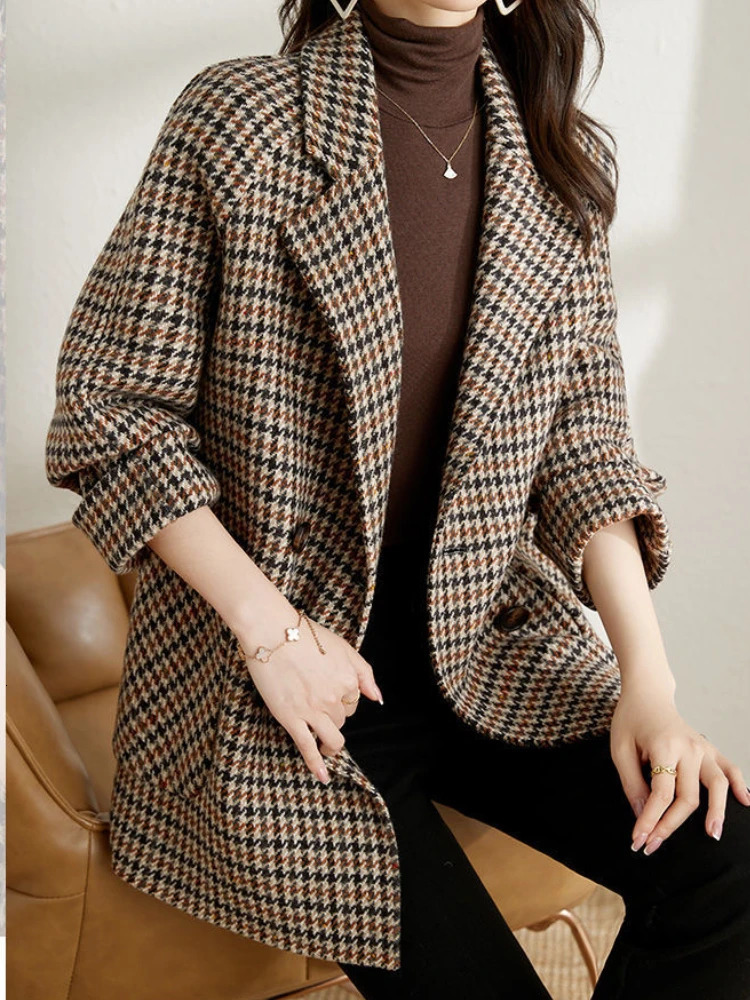 Womens Suits Blazers Vintage Houndstooth Women Woolen Blazer Double Breasted Plaid Female Suit Jacket Fashion Korean Outerwear Loose Blaser Coat 23112