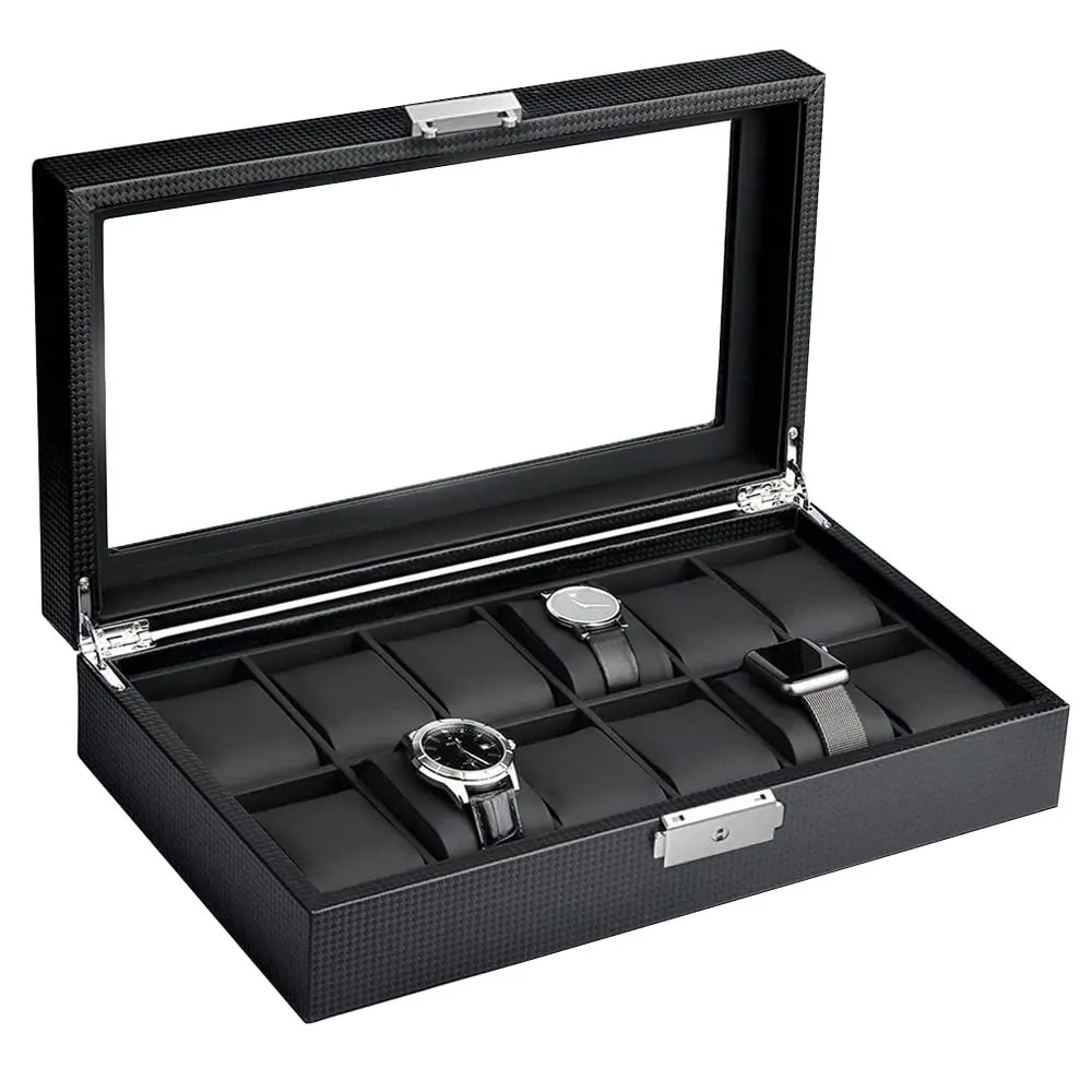 Watch Boxes Cases Watch Box 12/10/6 Slot Watch Box Organizer for Men Watch Display Case with Glass Topped for Gift Business Carbon Fiber Leather 23112