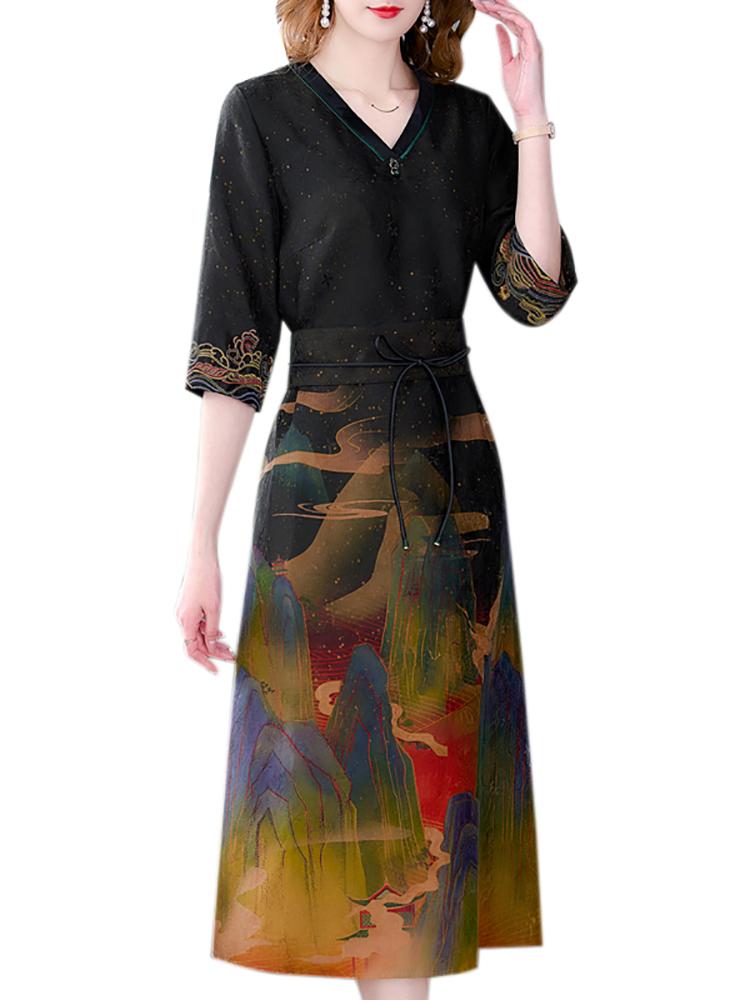 Dresses Black Print Silk Short Sleeve VNeck Formal Dress Women Spring Summer Elegant Bodycon Dress 2023 Korean Vintage Party Prom Dress