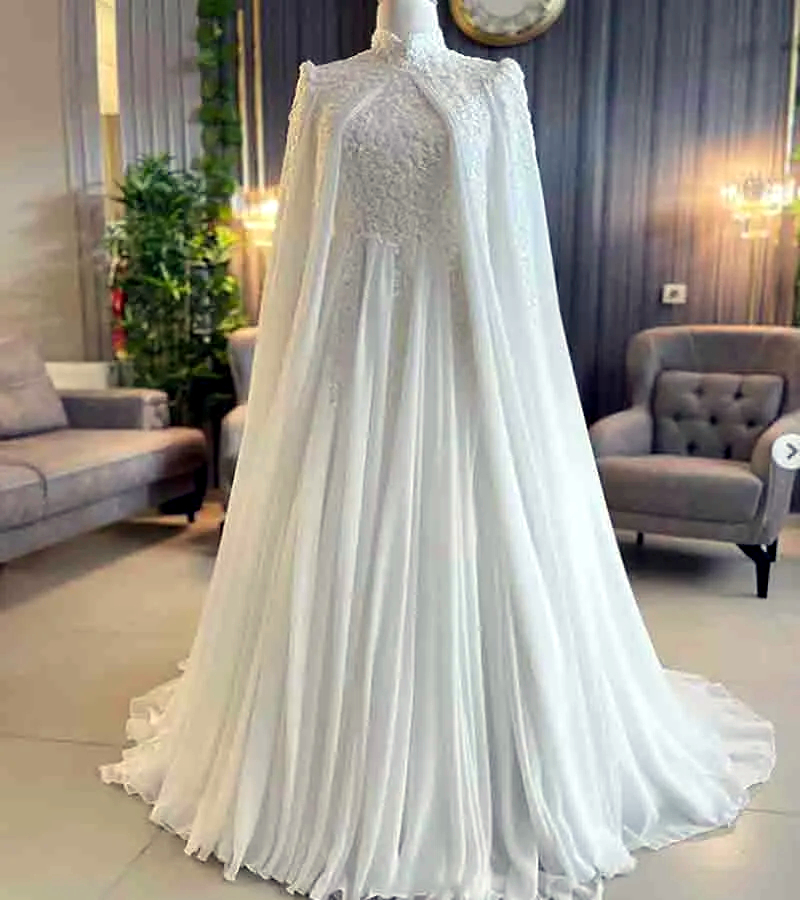 Elegant Arabic Muslim A Line Wedding Dresses With Cape Wrap 2024 Lace Appliques Long Sleeves High Neck Chiffon Women Wedding Gown Modest Dubai White V