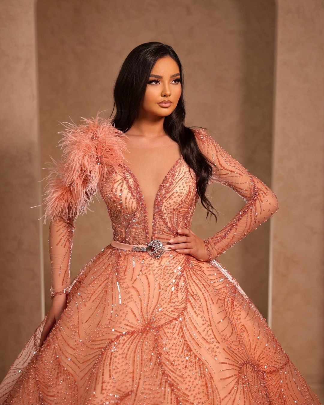 Feathers Glitter Prom Dresses Deep V Neck Beading Lace Party Dresses Long Sleeves Custom Made Evening Dress