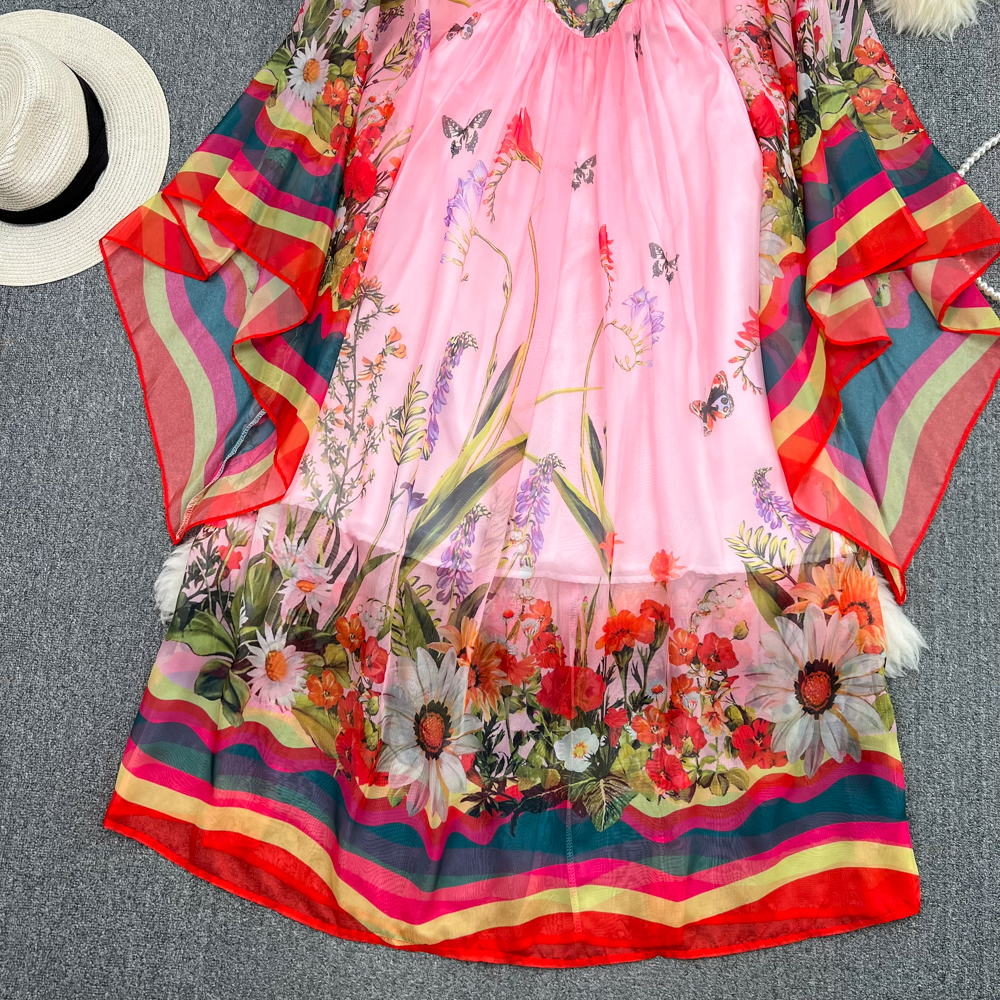 Casual Dresses Summer Pink Long Flowy Dress Women Runway Elegant Flare Sleeve High Street Animal Stripe Print Party Vestidos