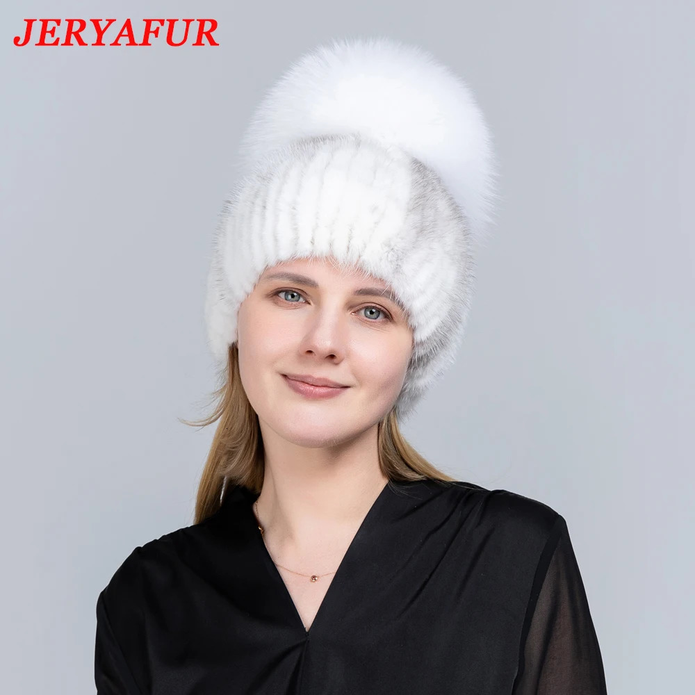 Beanie/Skull Caps JINBAOSEN Real Mink Fur Hat for Winter Women Imported Knitted Mink Cap with Fox Fur High Quality Women Beanies 231128
