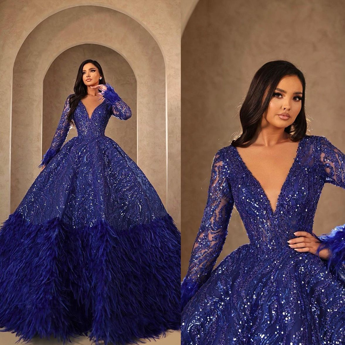 Shiny Feather Luxury Prom Dresses Long Sleeves Sequined Lace Party Dresses V Neck Custom Made Evening Dress