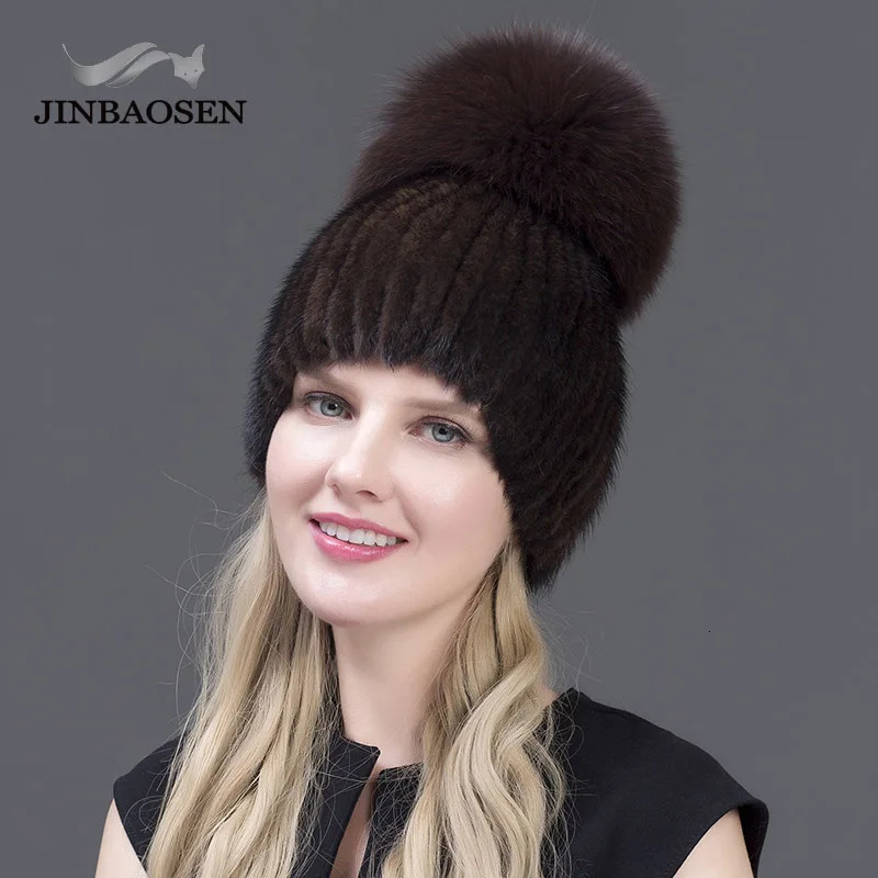 Beanie/Skull Caps JINBAOSEN Real Mink Fur Hat for Winter Women Imported Knitted Mink Cap with Fox Fur High Quality Women Beanies 231128