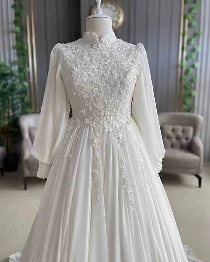 Elegant Arabic Muslim A Line Wedding Dresses With Cape Wrap 2024 Lace Appliques Long Sleeves High Neck Chiffon Women Wedding Gown Modest Dubai White V