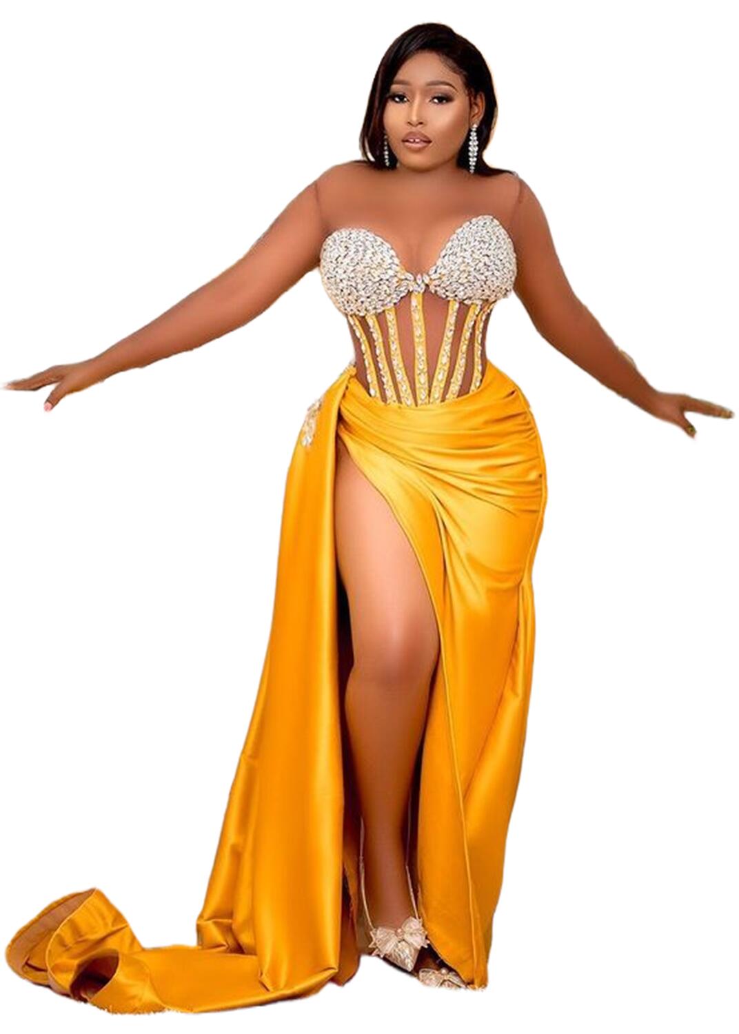 2023 April Aso Ebi Sheath Yellow Prom Dress Crystals Satin Sexy Evening Formal Party Second Reception Birthday Engagement Gowns Dress Robe De Soiree Z