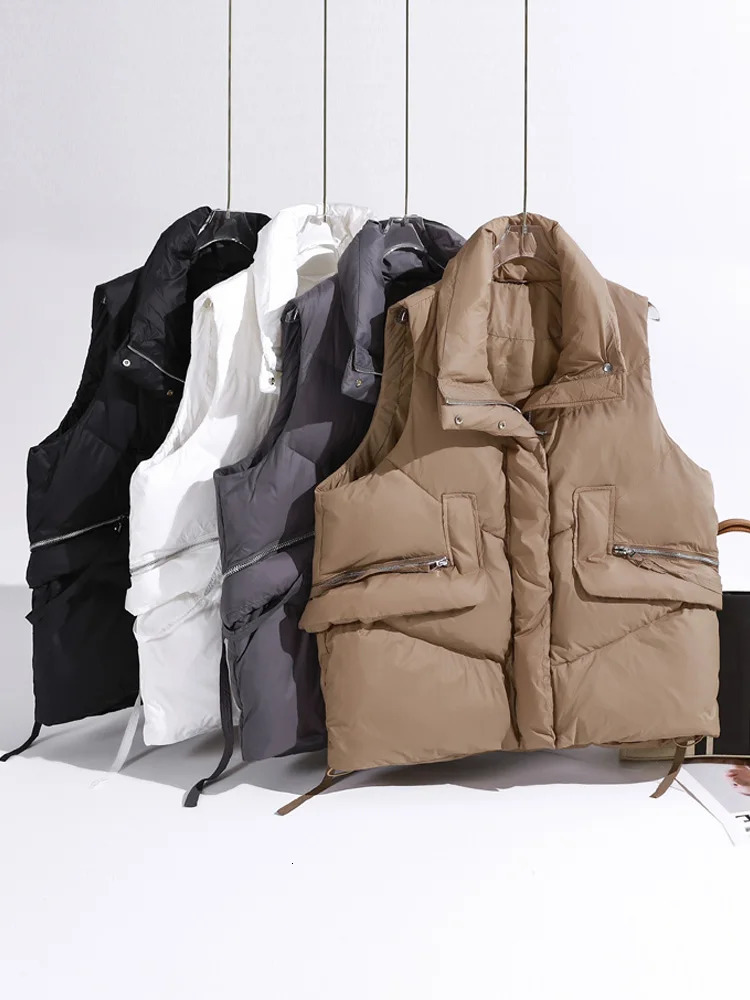 Womens Vests Janveny Womens Puffer Down Vest Loose Feather Waistcoat 90% Duck Down Thick Gilet Female Zipper Sleeveless Korean Style 231129