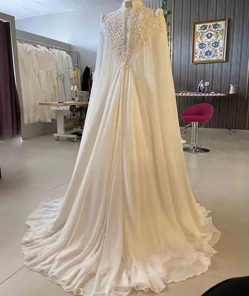 Elegant Arabic Muslim A Line Wedding Dresses With Cape Wrap 2024 Lace Appliques Long Sleeves High Neck Chiffon Women Wedding Gown Modest Dubai White V
