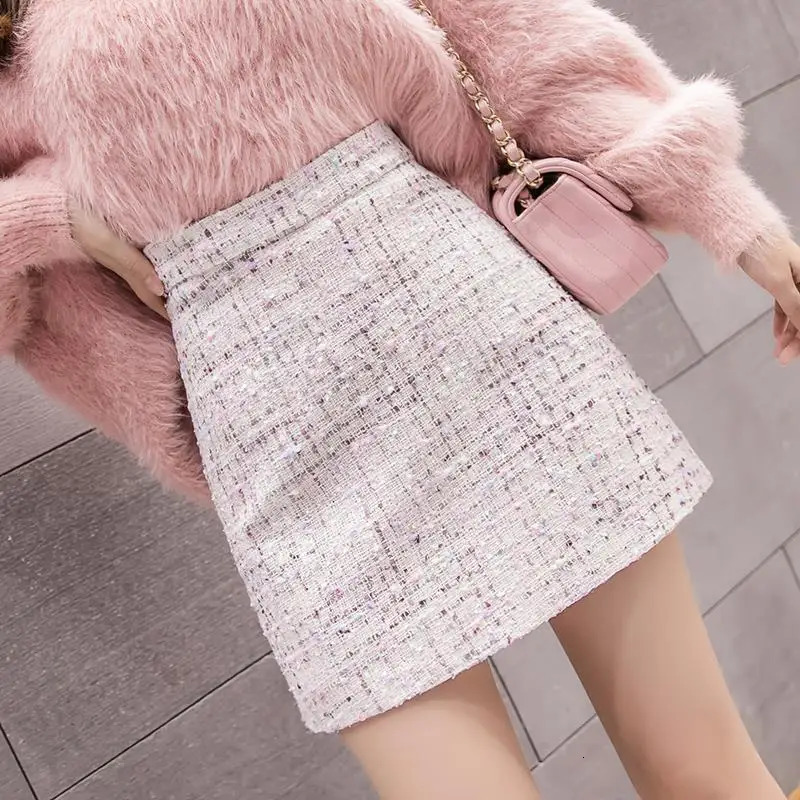 Skirts Women Tweed Skirt Spring Autumn High Waist Slim A-line Double-breasted Mini Skirt Elegant Korean White Black Skirts 231129