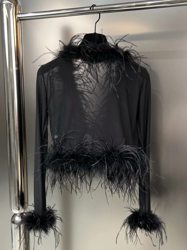 Women s Jackets DEAT 2023 Autumn Fashion Women Clothes Flare Sleeves Feather Spliced Mesh See Throw Sexy Top Cardigan Ffemale WW97001L 231129