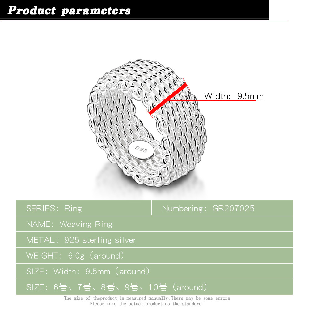Solitaire Ring Fashion 9MM Wide Silver Ring Personalized Women 100% 925 Sterling Silver Braided Mesh Ring Fine Jewelry Gift Wholesale 230428