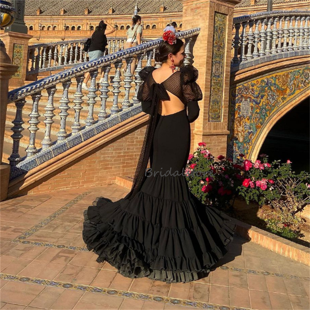 Spanish Black Flamenco Prom Dress With Polka Dot Tulle Sexy Backless Long Sleeve Dance Evening Gown Ruffles Costume Formal 2023 Robe De Mariee Vestido
