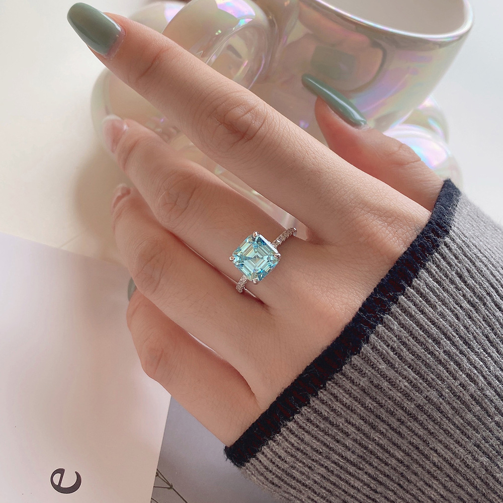 Solitaire Ring Retro 100% 925 Solid Silver 9*9MM Asscher Cut Aquamarine High Carbon Diamond Rings for Women Gemstone Party Fine Jewelry Gifts 230428