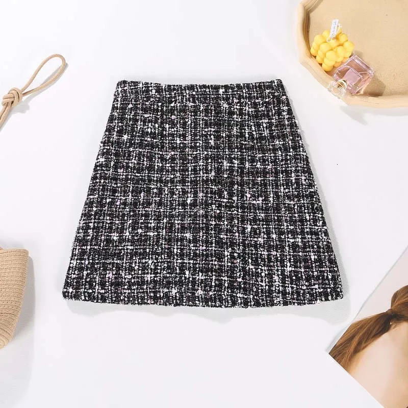 Skirts Women Tweed Skirt Spring Autumn High Waist Slim A-line Double-breasted Mini Skirt Elegant Korean White Black Skirts 231129