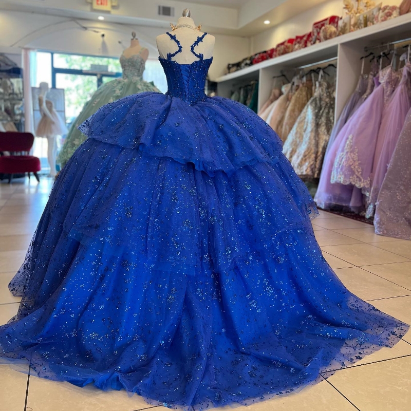 Blue Shiny Sweetheart Quinceanera Ball Gown Lace Crystal Beads Sweet 16 Dresses Party Gowns vestidos de 15