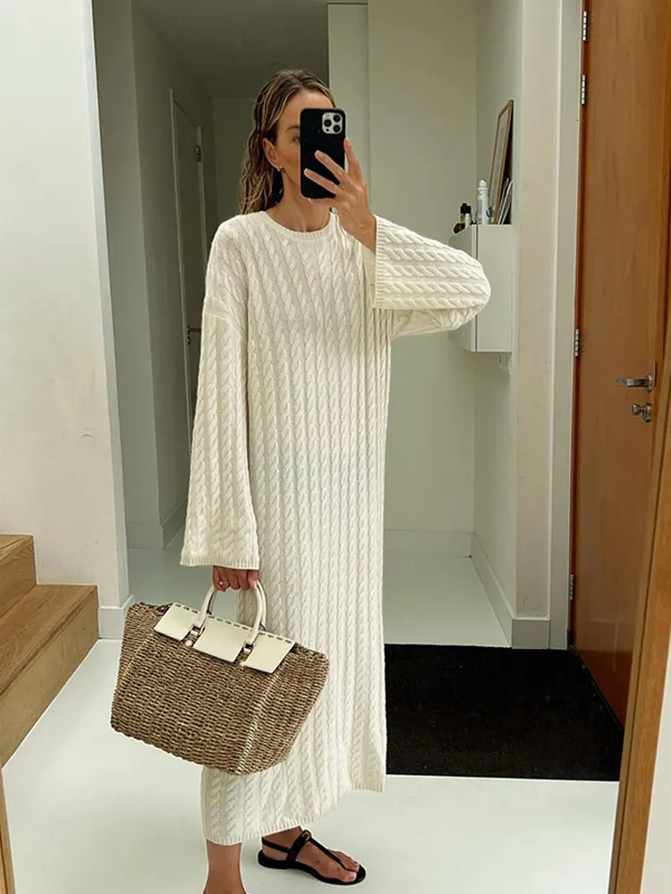 Basic Casual Dresses Solid Women Ribbed Knitted Midi Dress Casual Loose O-neck Long Sleeve Lady Dresses Autumn Female Chic Streetwear Robe 231129