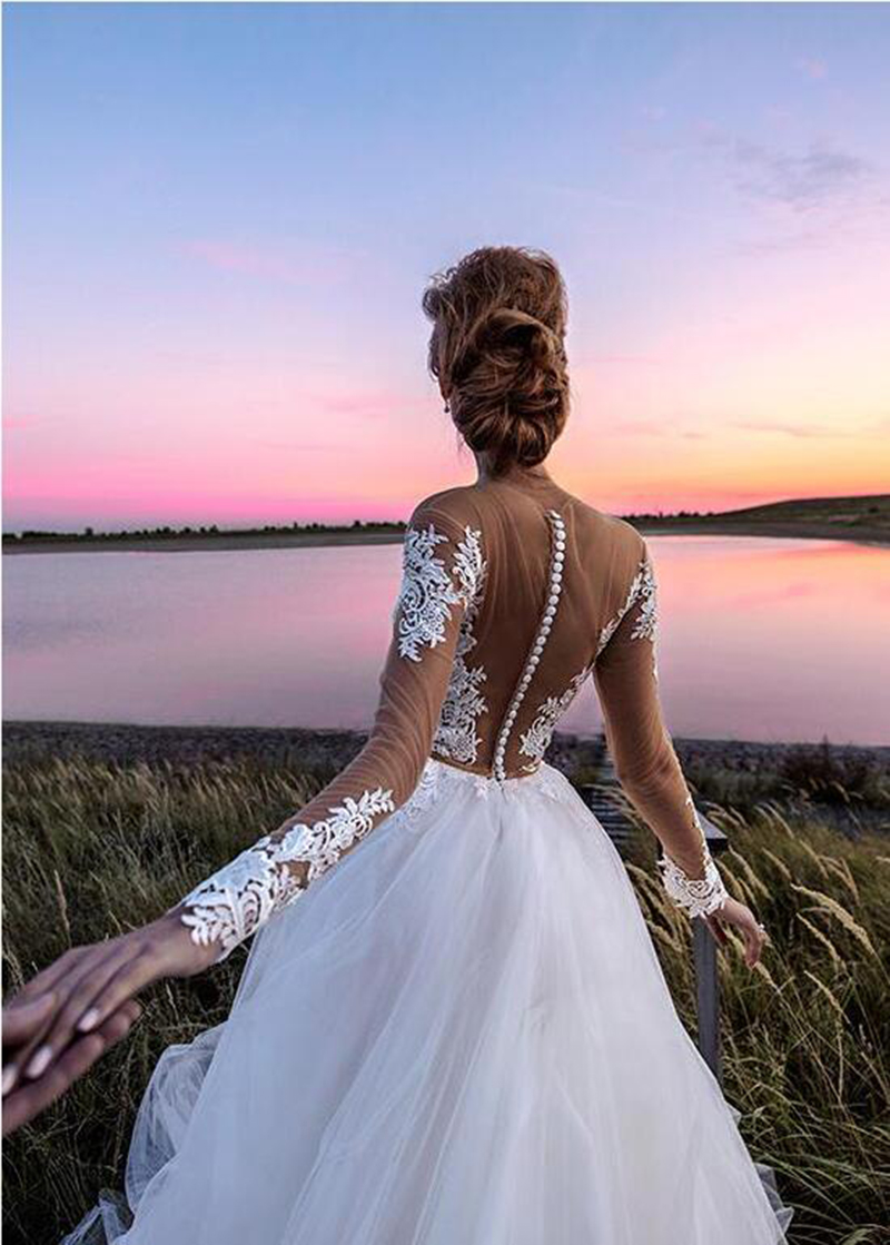 Sash Hollow Covered Button Mordern Wedding Gown For Bride Attractive Long Sleeve A-Line Applique V-Neck Sheer Neck Tulle Personalised