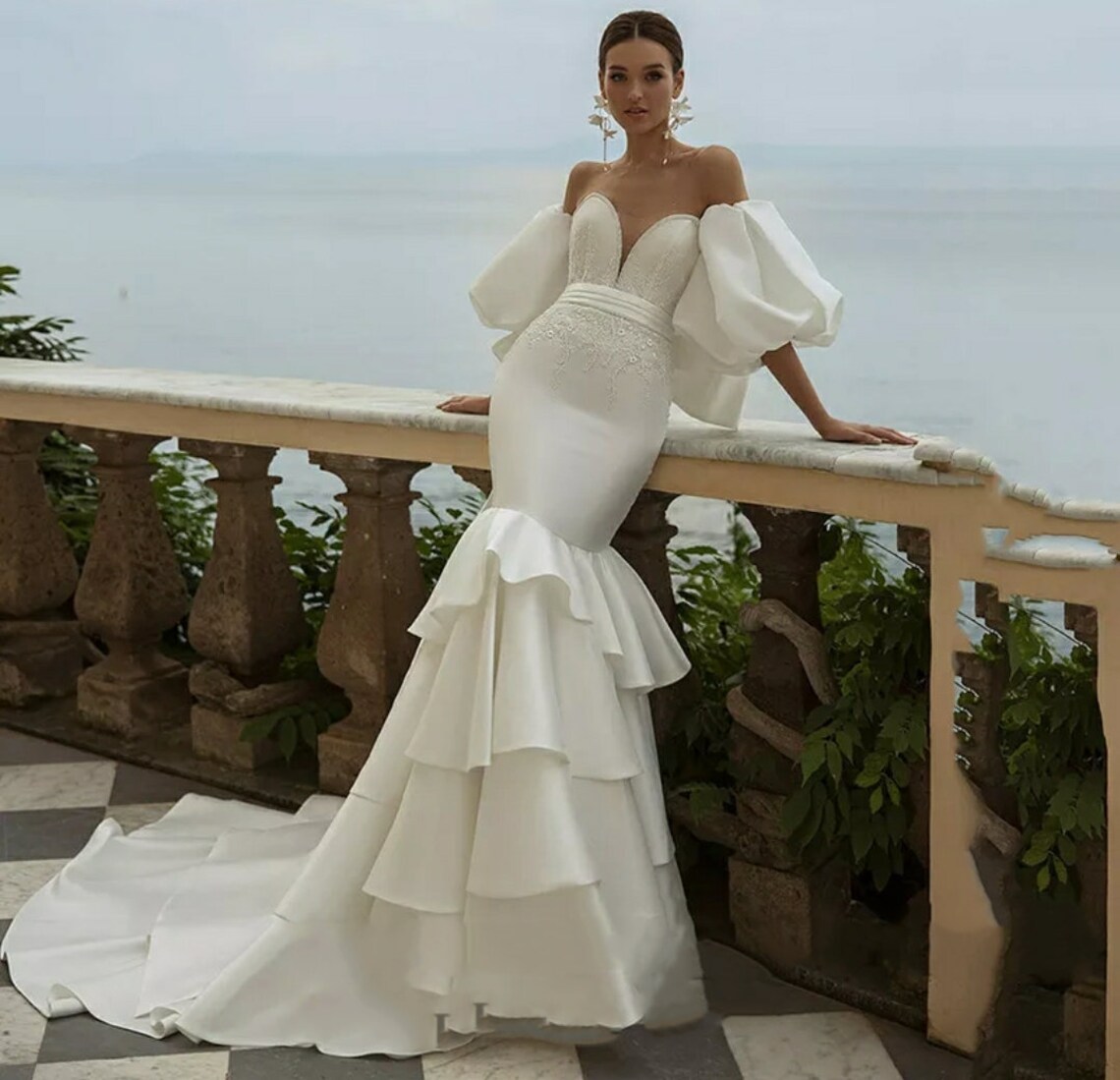 Arabic Aso Ebi Mermaid Elegant Wedding Dresses Off The Shoulder Applique Sweep Train Sheer Sleeves Bridal Wedding Gowns With Buttons