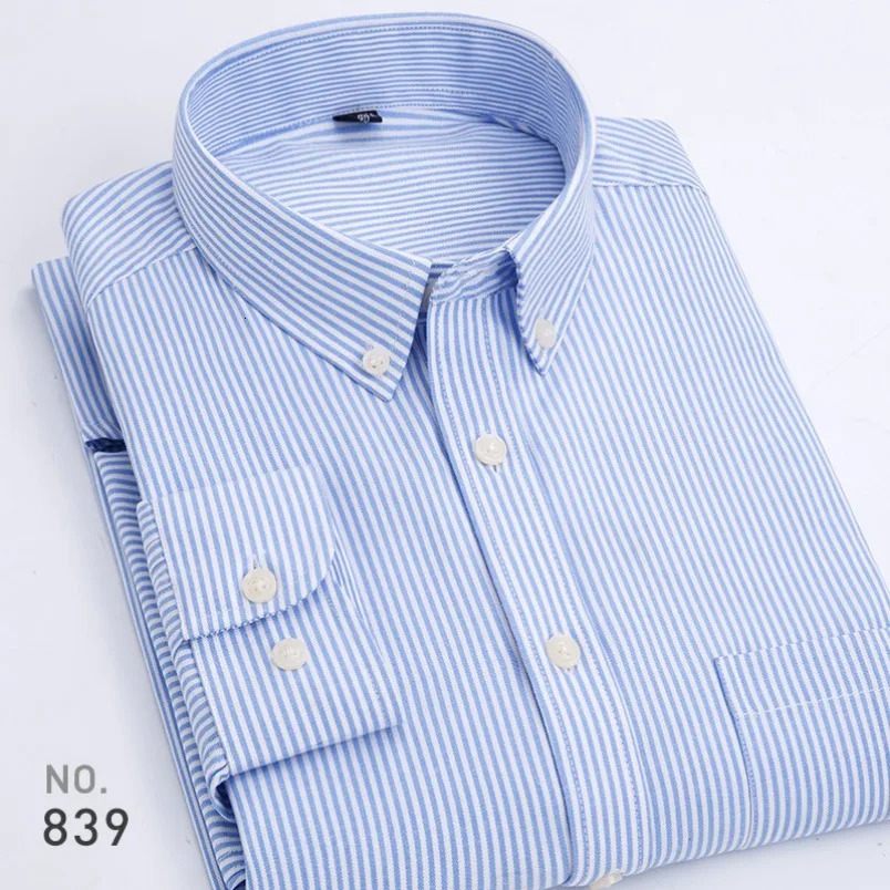 Men's Casual Shirts High Quality Mens Cotton Oxford Striped Single Patch Pocket Long Sleeve Regular-fit Comfortable Casual Button-collar Shirt 23