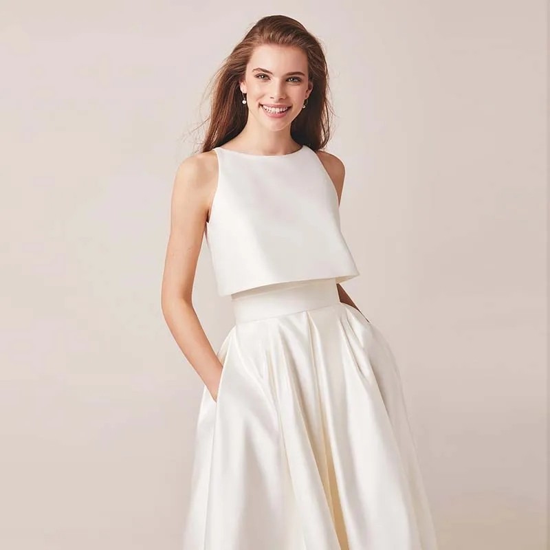 2024 Ivory Stain High/Low Wedding Dresses Two Pieces Floor-Lenth Bridal Gown Birthday Party Dresses Vestido De Noiva