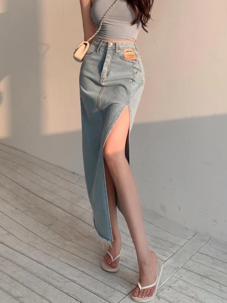 Skirts DEEPTOWN Long Denim Skirt Vintage Women Solid High Waist A LINE Slim Korean Style Jean Slit Midi Summer Fashion Girl 231130