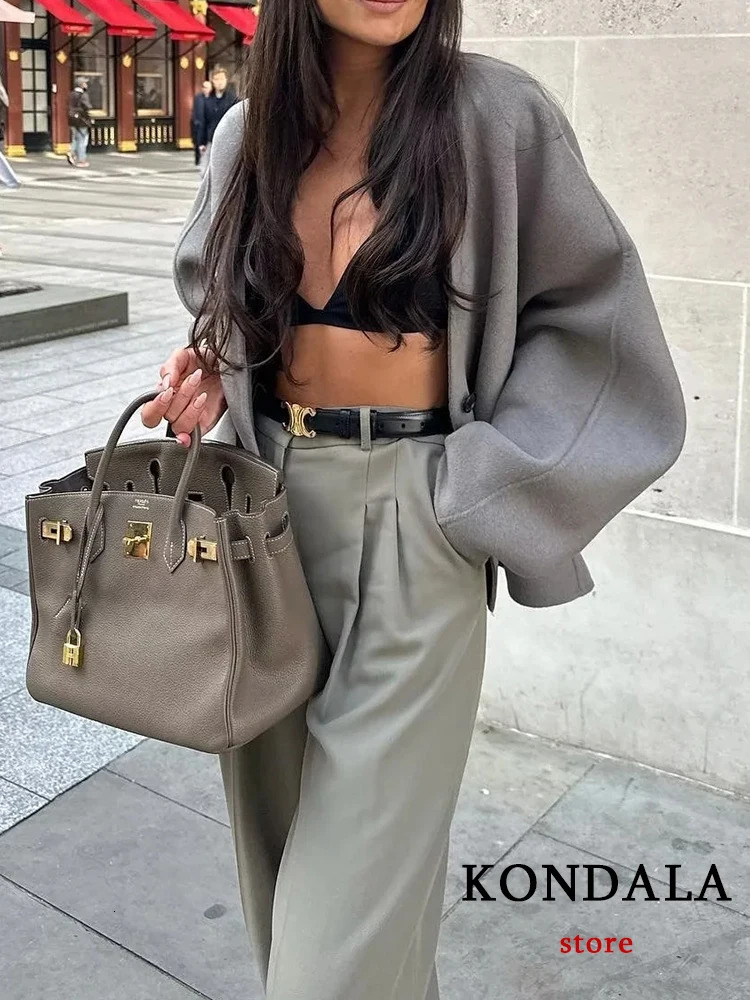 Women's Wool Blends KONDALA Female Fashion Winter Grey V Neck Coats Casual Loose Long Sleeve Cropped Jackets 2023 Autumn Women Outerwears 231129
