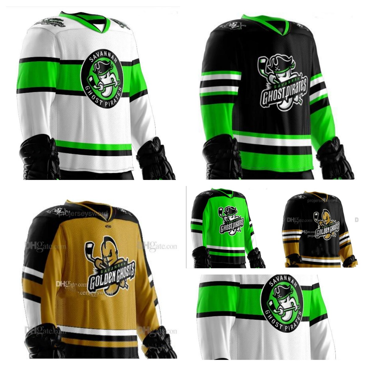 Custom Ghost Pirates Joe Fleming Jimmy Poreda Jett Jones Ryan Scarfo Alex Gilmour Simon Pinard Savannah Golden Ghosts Jersey Stiched Any Name Number