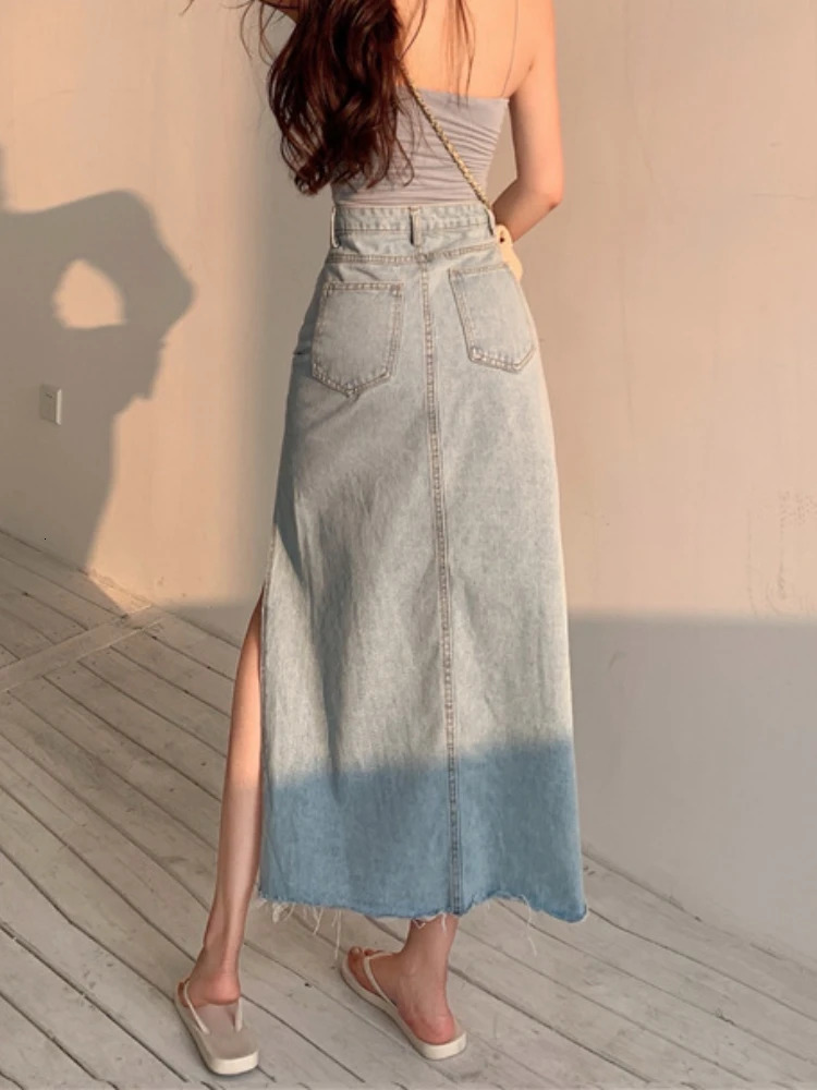 Skirts DEEPTOWN Long Denim Skirt Vintage Women Solid High Waist A LINE Slim Korean Style Jean Slit Midi Summer Fashion Girl 231130